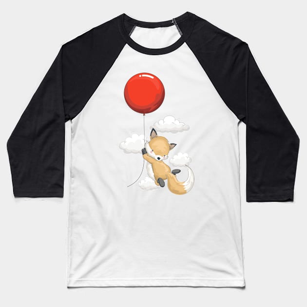 Cute animal. Cute Fox flying with balloons Baseball T-Shirt by lolisfresh